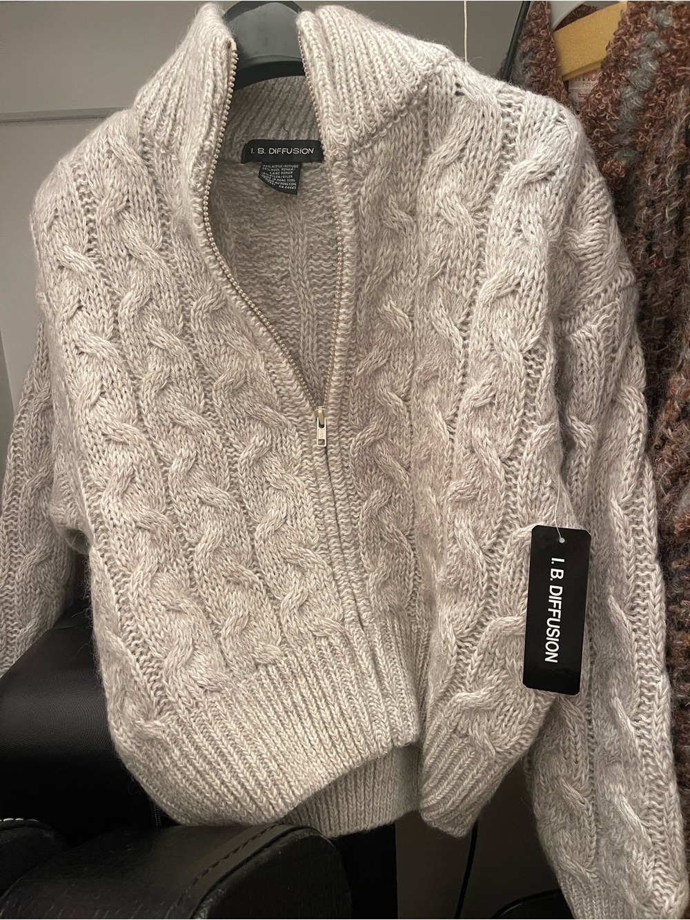 Worth Blush Tan Suede Zip Jacket and chunky cardigan beige